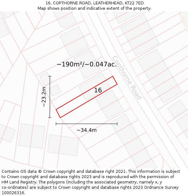 16, COPTHORNE ROAD, LEATHERHEAD, KT22 7ED: Plot and title map