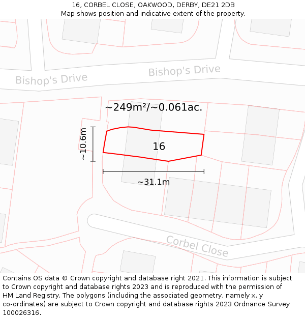 16, CORBEL CLOSE, OAKWOOD, DERBY, DE21 2DB: Plot and title map