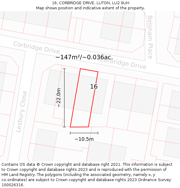 16, CORBRIDGE DRIVE, LUTON, LU2 9UH: Plot and title map