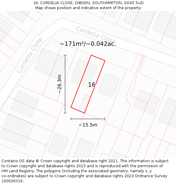 16, CORDELIA CLOSE, DIBDEN, SOUTHAMPTON, SO45 5UD: Plot and title map