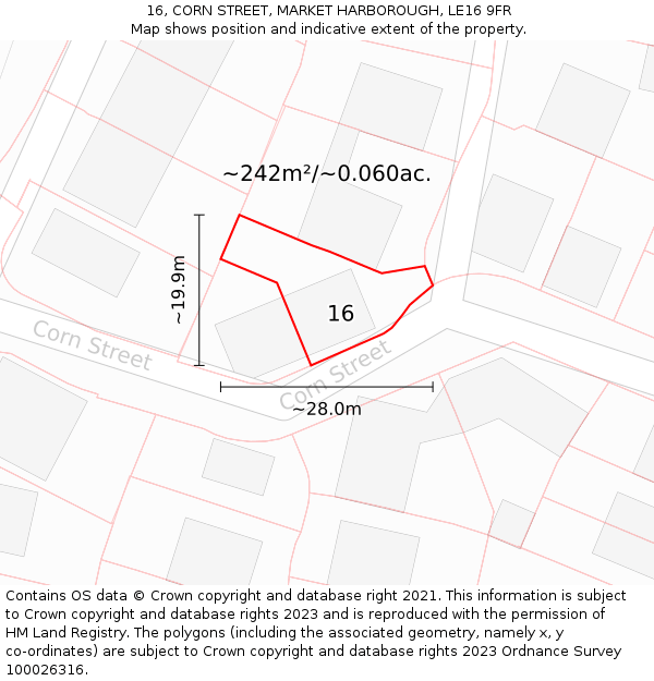 16, CORN STREET, MARKET HARBOROUGH, LE16 9FR: Plot and title map