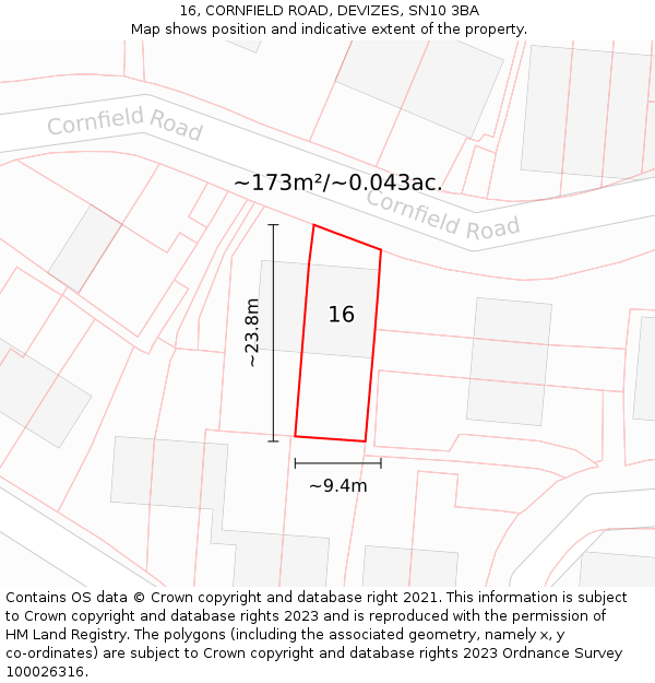 16, CORNFIELD ROAD, DEVIZES, SN10 3BA: Plot and title map