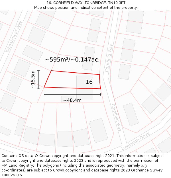 16, CORNFIELD WAY, TONBRIDGE, TN10 3PT: Plot and title map