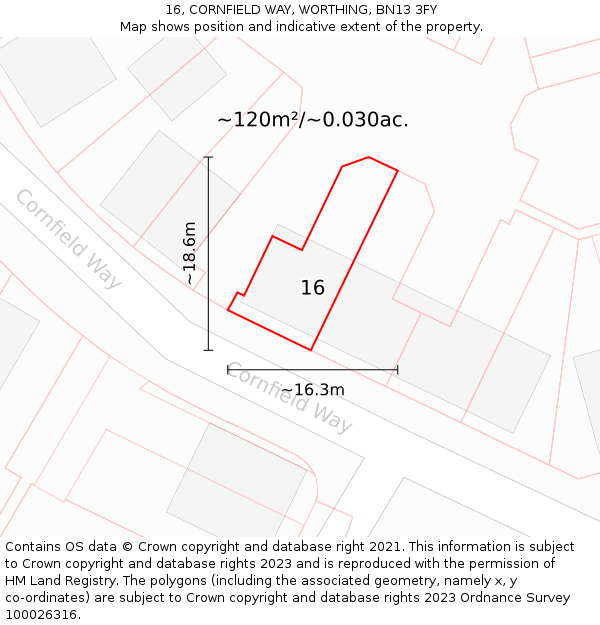 16, CORNFIELD WAY, WORTHING, BN13 3FY: Plot and title map