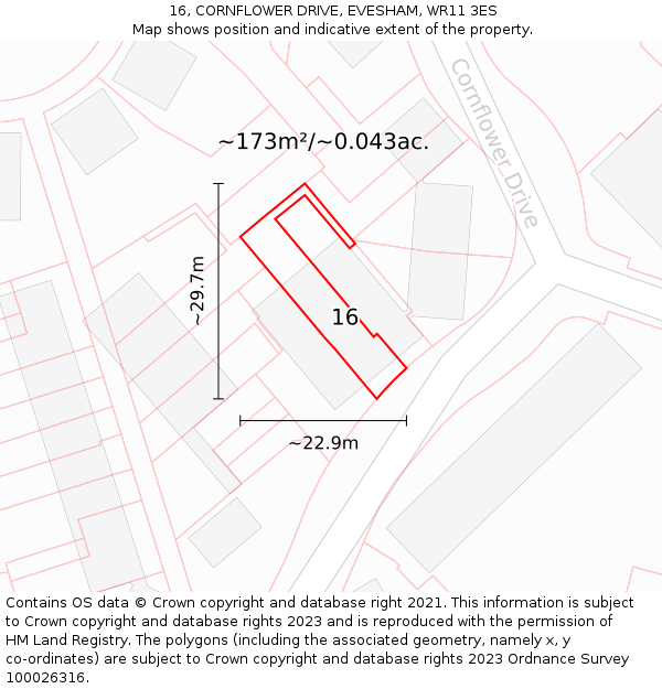 16, CORNFLOWER DRIVE, EVESHAM, WR11 3ES: Plot and title map