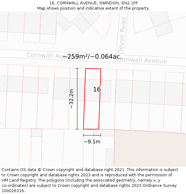16, CORNWALL AVENUE, SWINDON, SN2 1PF: Plot and title map
