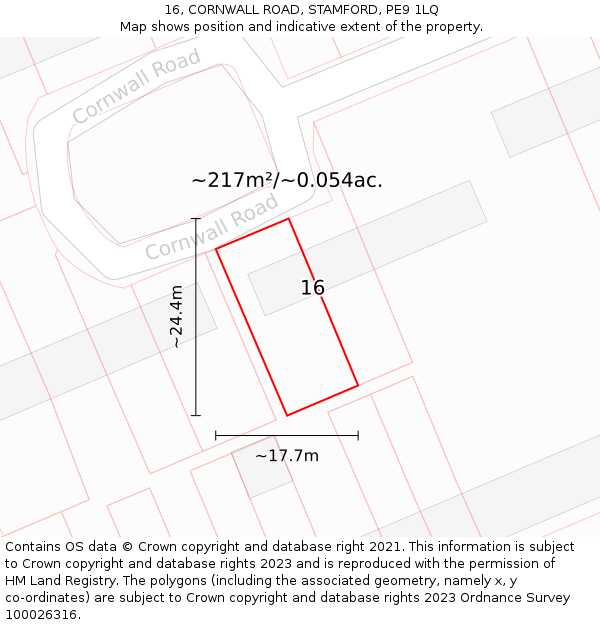 16, CORNWALL ROAD, STAMFORD, PE9 1LQ: Plot and title map
