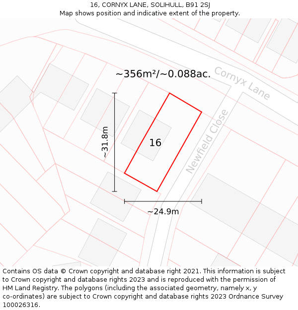 16, CORNYX LANE, SOLIHULL, B91 2SJ: Plot and title map