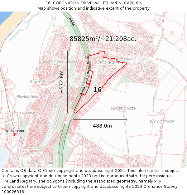 16, CORONATION DRIVE, WHITEHAVEN, CA28 6JN: Plot and title map