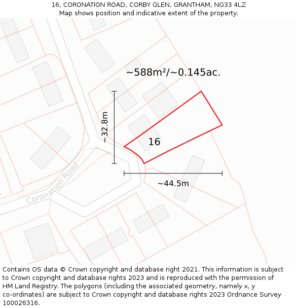 16, CORONATION ROAD, CORBY GLEN, GRANTHAM, NG33 4LZ: Plot and title map