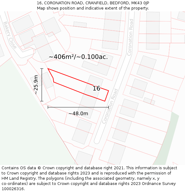 16, CORONATION ROAD, CRANFIELD, BEDFORD, MK43 0JP: Plot and title map