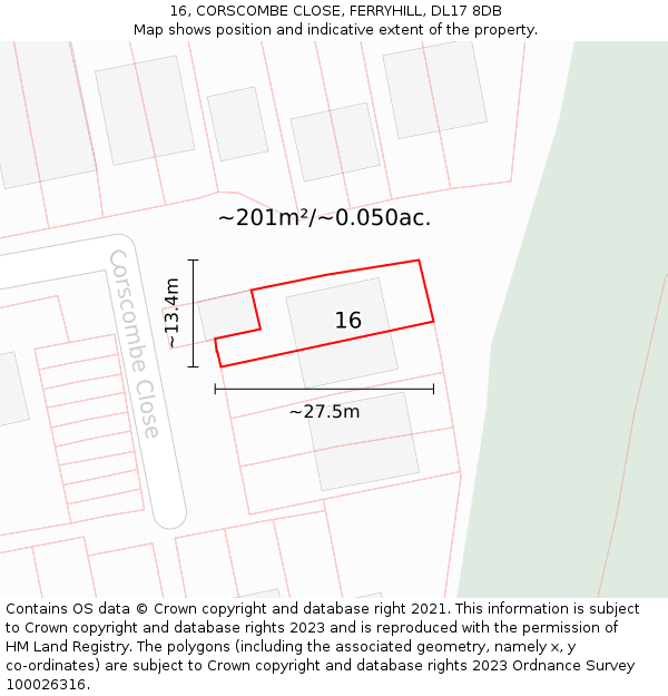 16, CORSCOMBE CLOSE, FERRYHILL, DL17 8DB: Plot and title map