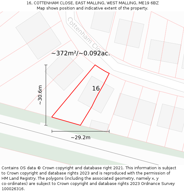 16, COTTENHAM CLOSE, EAST MALLING, WEST MALLING, ME19 6BZ: Plot and title map