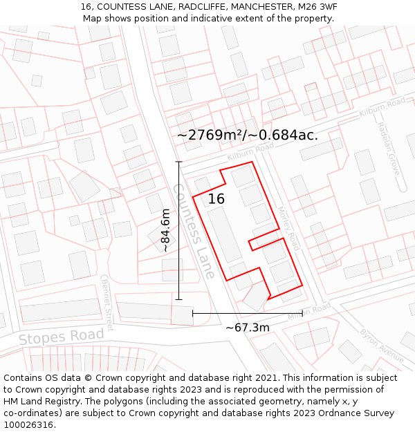 16, COUNTESS LANE, RADCLIFFE, MANCHESTER, M26 3WF: Plot and title map