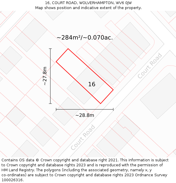 16, COURT ROAD, WOLVERHAMPTON, WV6 0JW: Plot and title map