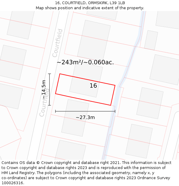 16, COURTFIELD, ORMSKIRK, L39 1LB: Plot and title map
