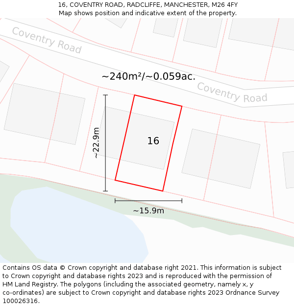 16, COVENTRY ROAD, RADCLIFFE, MANCHESTER, M26 4FY: Plot and title map