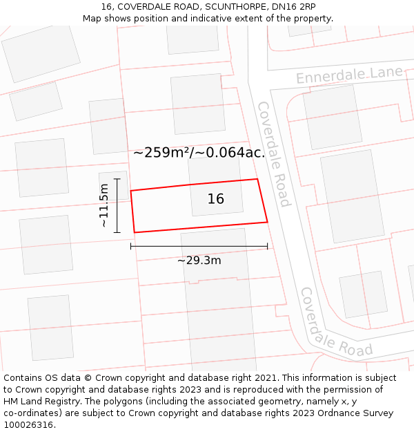 16, COVERDALE ROAD, SCUNTHORPE, DN16 2RP: Plot and title map