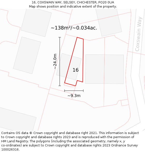 16, COXSWAIN WAY, SELSEY, CHICHESTER, PO20 0UA: Plot and title map