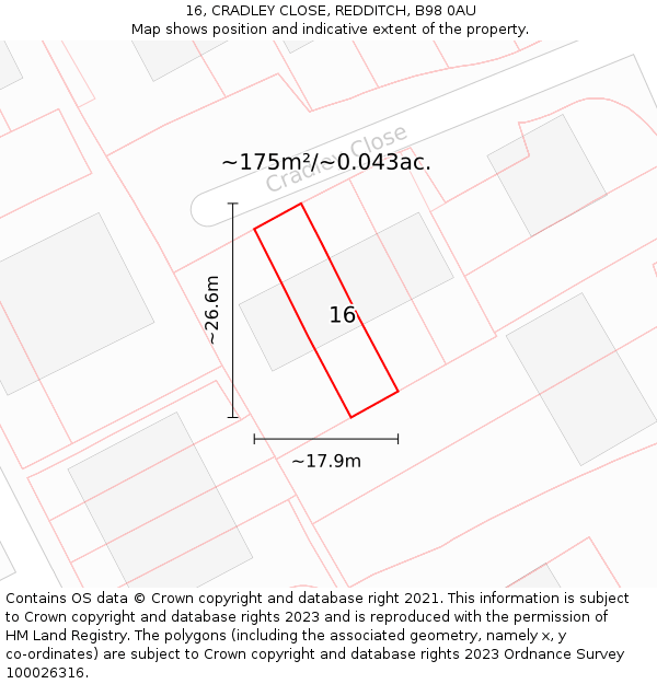 16, CRADLEY CLOSE, REDDITCH, B98 0AU: Plot and title map