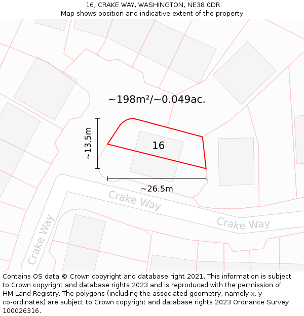 16, CRAKE WAY, WASHINGTON, NE38 0DR: Plot and title map