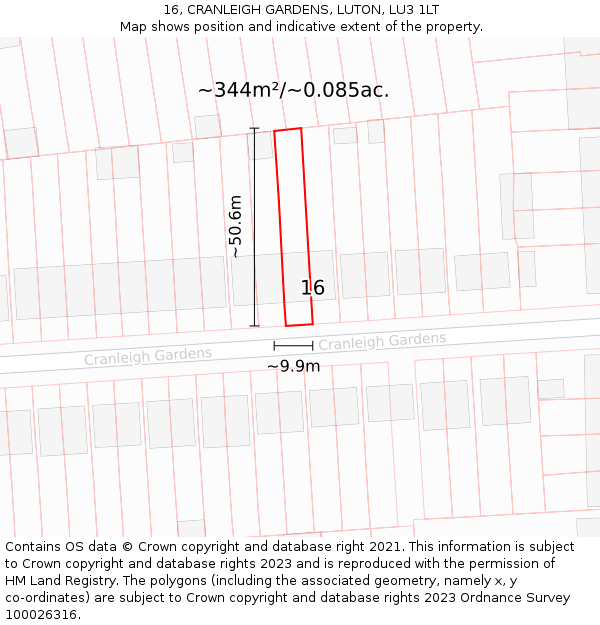 16, CRANLEIGH GARDENS, LUTON, LU3 1LT: Plot and title map