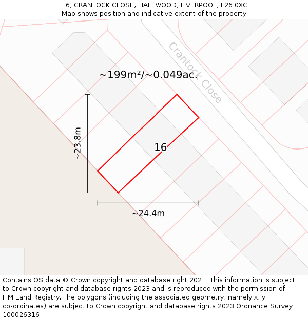 16, CRANTOCK CLOSE, HALEWOOD, LIVERPOOL, L26 0XG: Plot and title map
