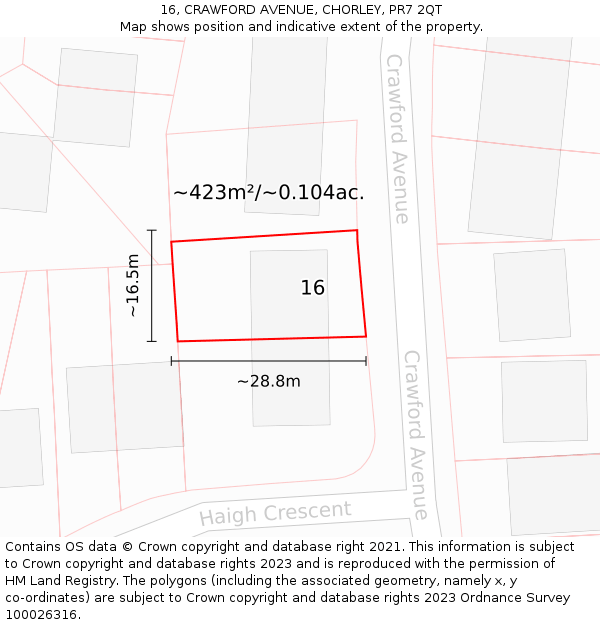 16, CRAWFORD AVENUE, CHORLEY, PR7 2QT: Plot and title map