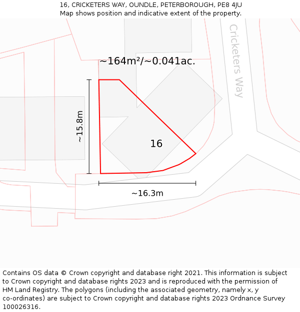 16, CRICKETERS WAY, OUNDLE, PETERBOROUGH, PE8 4JU: Plot and title map