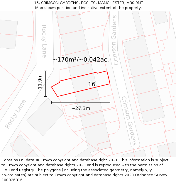 16, CRIMSON GARDENS, ECCLES, MANCHESTER, M30 9NT: Plot and title map