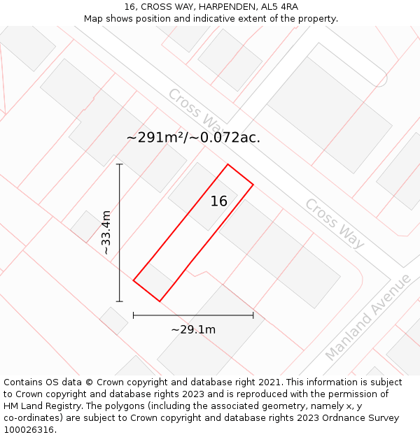 16, CROSS WAY, HARPENDEN, AL5 4RA: Plot and title map