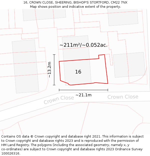 16, CROWN CLOSE, SHEERING, BISHOP'S STORTFORD, CM22 7NX: Plot and title map