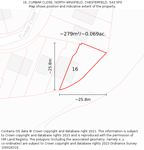 16, CURBAR CLOSE, NORTH WINGFIELD, CHESTERFIELD, S42 5PS: Plot and title map