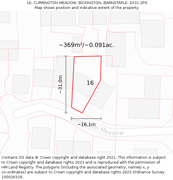 16, CURRINGTON MEADOW, BICKINGTON, BARNSTAPLE, EX31 2PS: Plot and title map
