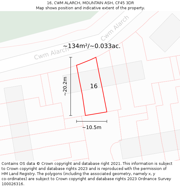16, CWM ALARCH, MOUNTAIN ASH, CF45 3DR: Plot and title map