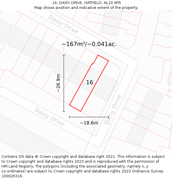 16, DAISY DRIVE, HATFIELD, AL10 9FR: Plot and title map