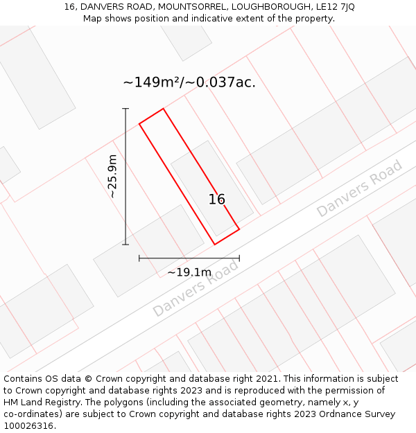 16, DANVERS ROAD, MOUNTSORREL, LOUGHBOROUGH, LE12 7JQ: Plot and title map