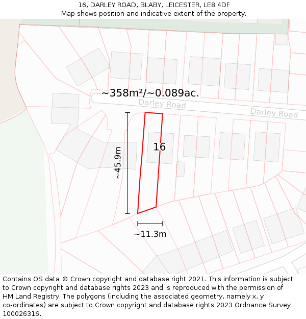 16, DARLEY ROAD, BLABY, LEICESTER, LE8 4DF: Plot and title map