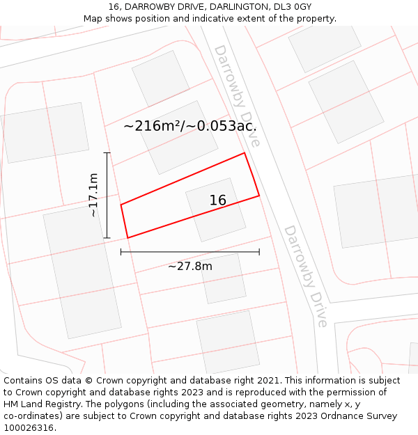 16, DARROWBY DRIVE, DARLINGTON, DL3 0GY: Plot and title map