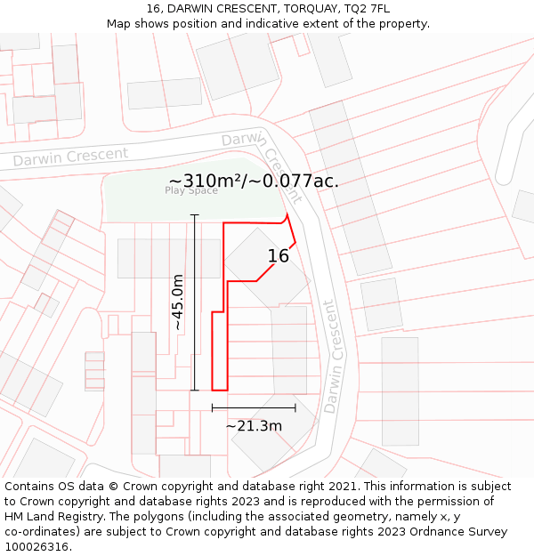 16, DARWIN CRESCENT, TORQUAY, TQ2 7FL: Plot and title map