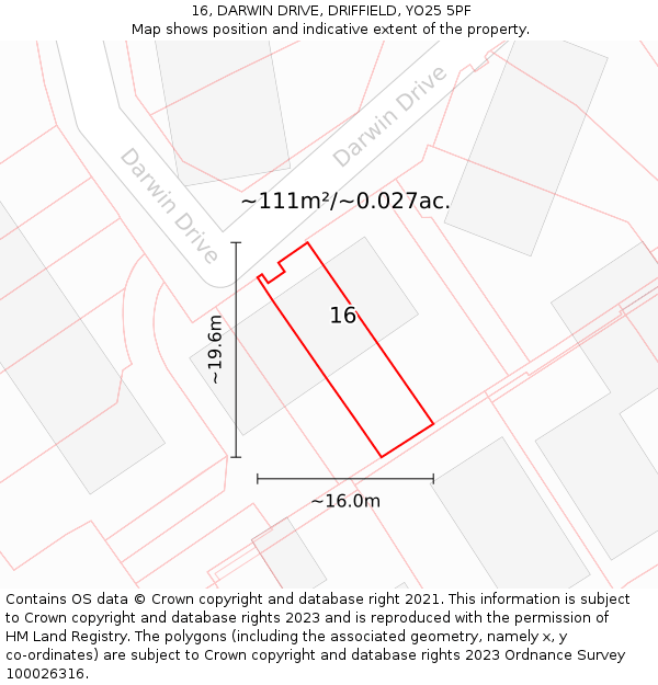 16, DARWIN DRIVE, DRIFFIELD, YO25 5PF: Plot and title map