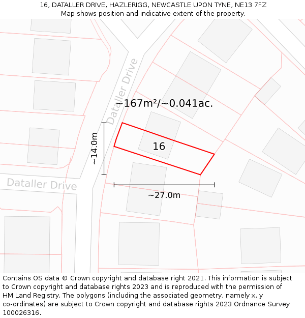 16, DATALLER DRIVE, HAZLERIGG, NEWCASTLE UPON TYNE, NE13 7FZ: Plot and title map