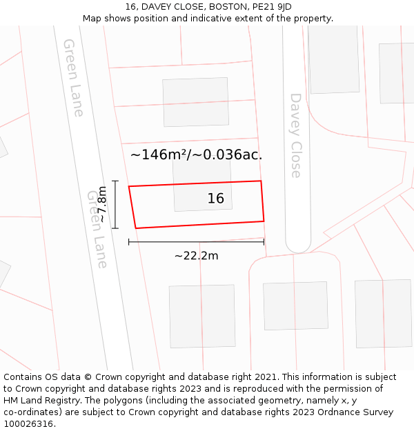 16, DAVEY CLOSE, BOSTON, PE21 9JD: Plot and title map