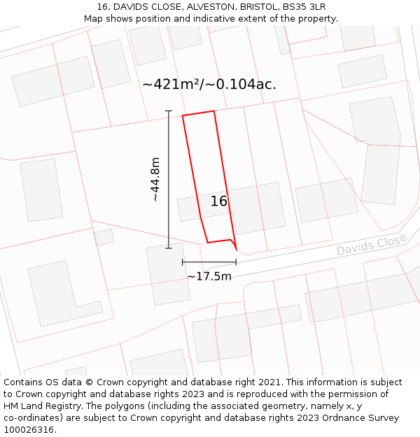 16, DAVIDS CLOSE, ALVESTON, BRISTOL, BS35 3LR: Plot and title map