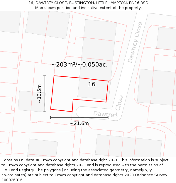 16, DAWTREY CLOSE, RUSTINGTON, LITTLEHAMPTON, BN16 3SD: Plot and title map