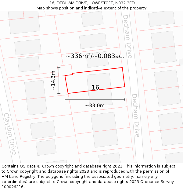 16, DEDHAM DRIVE, LOWESTOFT, NR32 3ED: Plot and title map