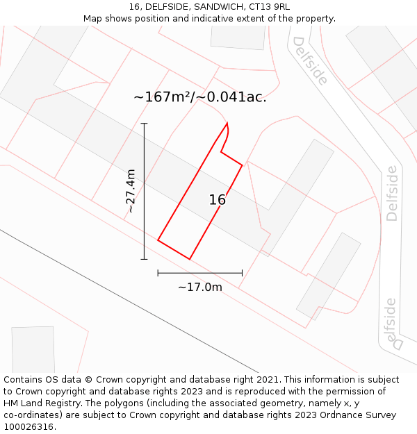 16, DELFSIDE, SANDWICH, CT13 9RL: Plot and title map