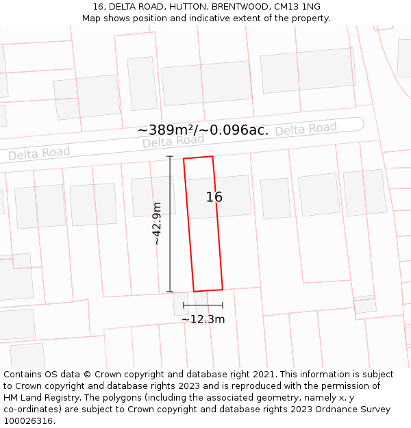 16, DELTA ROAD, HUTTON, BRENTWOOD, CM13 1NG: Plot and title map