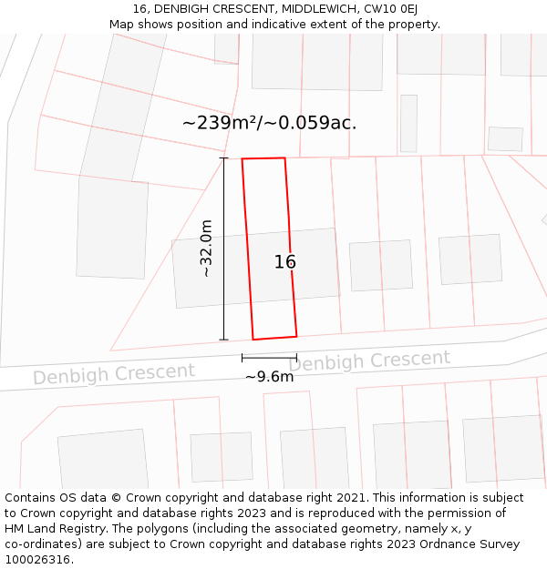 16, DENBIGH CRESCENT, MIDDLEWICH, CW10 0EJ: Plot and title map