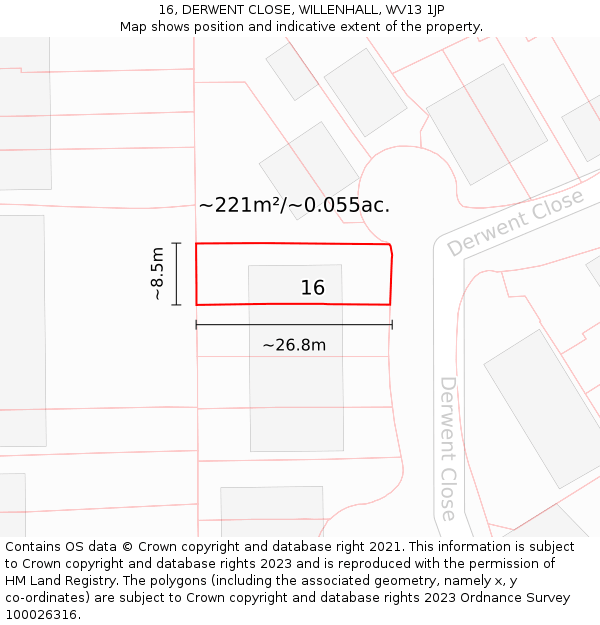 16, DERWENT CLOSE, WILLENHALL, WV13 1JP: Plot and title map